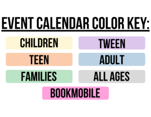 Yellow represents Children Purple represents Tween Orange represents Teen Blue represents Adult Green represents Families Grey represents All Ages Pink represents Bookmobile